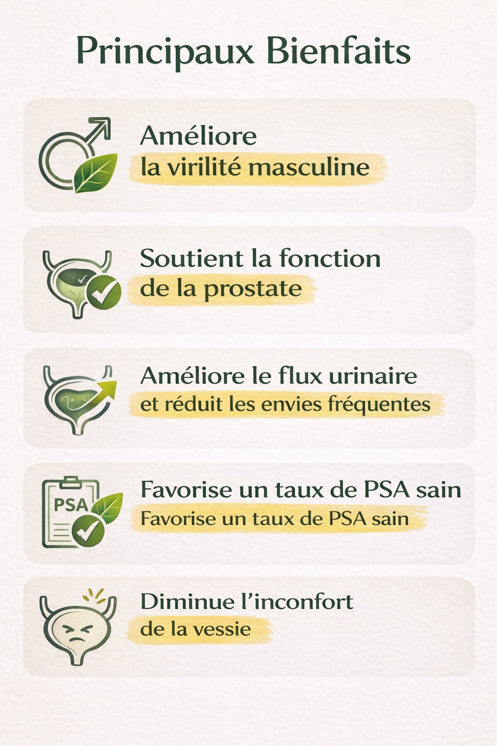 Ce complément naturel aide à : ✅ Soutenir le bon fonctionnement de la prostate ✅ Améliorer le confort urinaire ✅ Réduire les sensations de gêne ✅ Favoriser un flux urinaire normal ✅ Soutenir des niveaux sains de PSA ✅ Contribuer au bien-être masculin global 👉 Une formule naturelle, douce et adaptée à une utilisation prolongée.